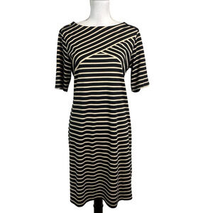 Karen Scott Sport Dress size Medium Black Khaki Striped Stretch Jersey Knee Slim